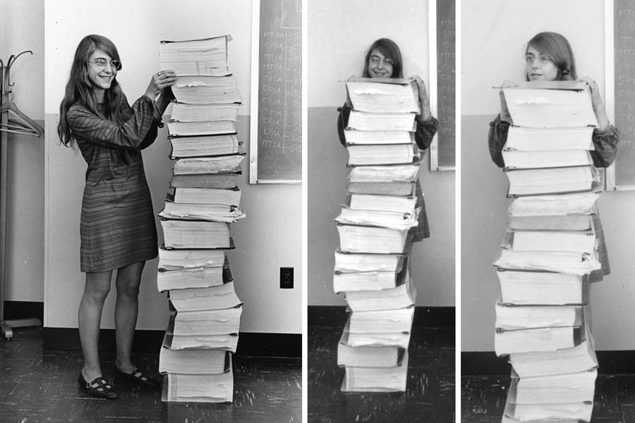 Margaret Hamilton standing next to the navigation software she and her MIT team produced for the Apollo project, 1969.