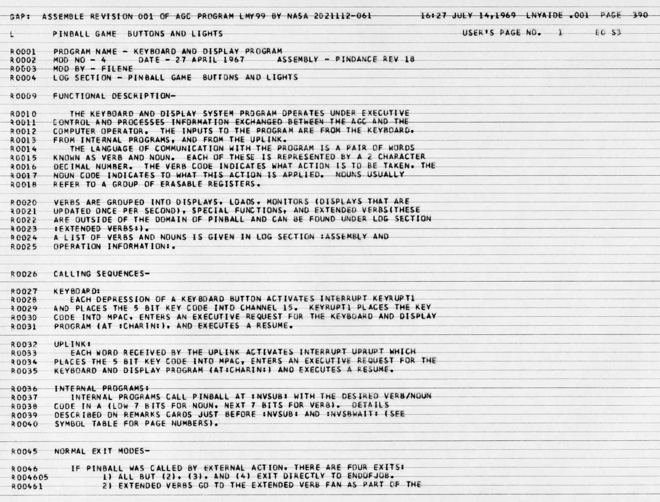 Scanned page 390 of the Luminary099 assembly listing showing the title page of PINBALL GAME BUTTONS AND LIGHTS. Every line is prefixed R (remark) — the entire page is comments describing the keyboard and display system. No machine instructions appear on this page at all.