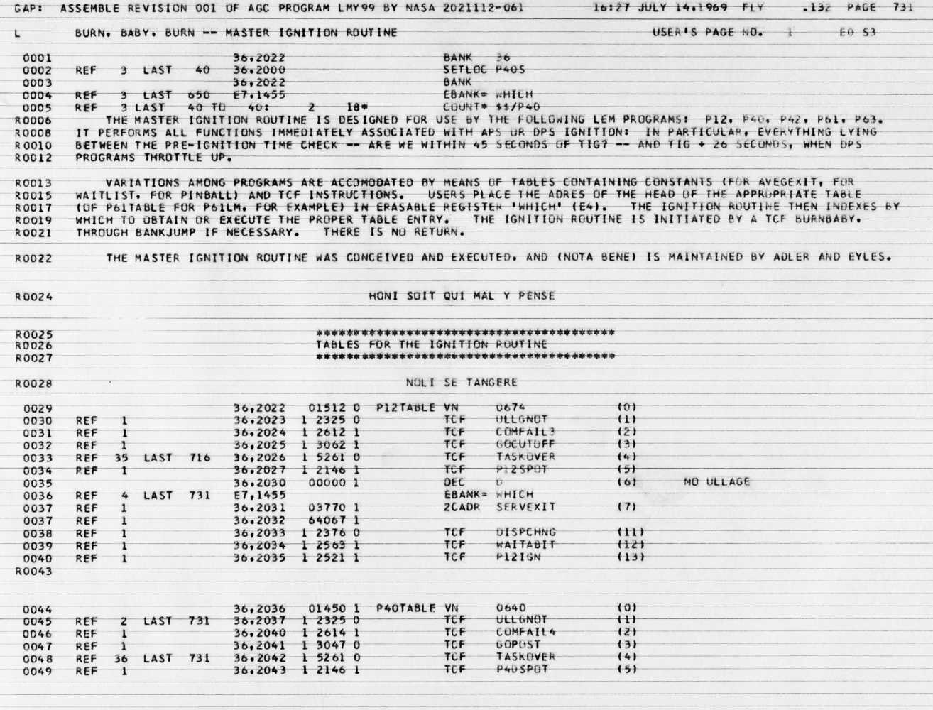 Scanned page 731 of the Luminary099 assembly listing showing the BURN, BABY, BURN master ignition routine. Comment-only lines (prefixed with R) have blank address and octal columns — the assembler produced nothing for them.