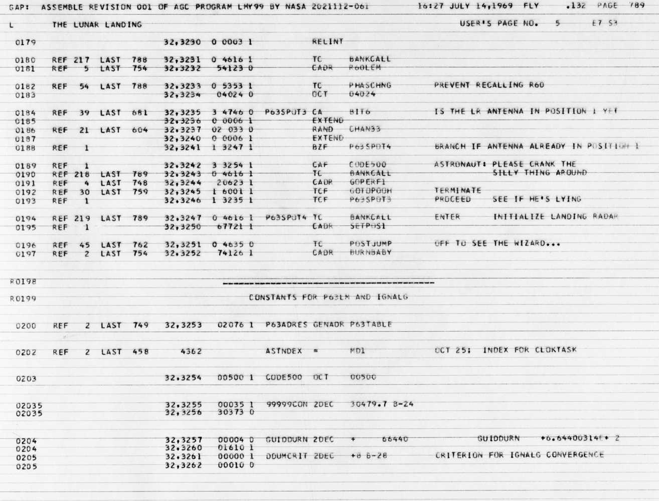 Scanned page 789 of the Luminary099 assembly listing showing THE LUNAR LANDING. Three famous comments visible: PLEASE CRANK THE SILLY THING AROUND, SEE IF HE'S LYING, and OFF TO SEE THE WIZARD... BURNBABY.