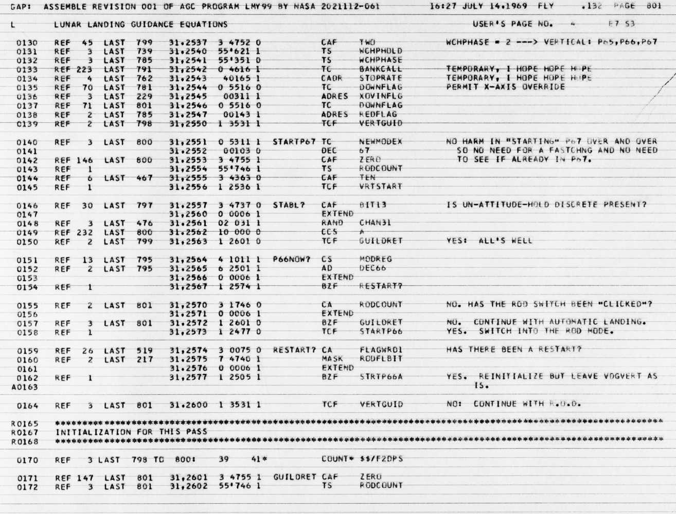 Scanned page 801 of the Luminary099 assembly listing showing LUNAR LANDING GUIDANCE EQUATIONS. At lines 0133-0134, the comments TEMPORARY, I HOPE HOPE HOPE appear twice next to TC BANKCALL and CADR STOPRATE instructions.